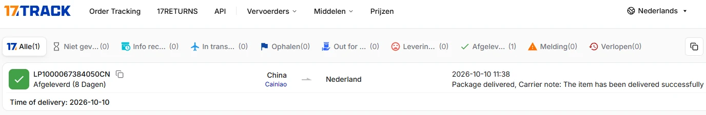 Screenshot 17TRACK-tracking leveringen Nederland