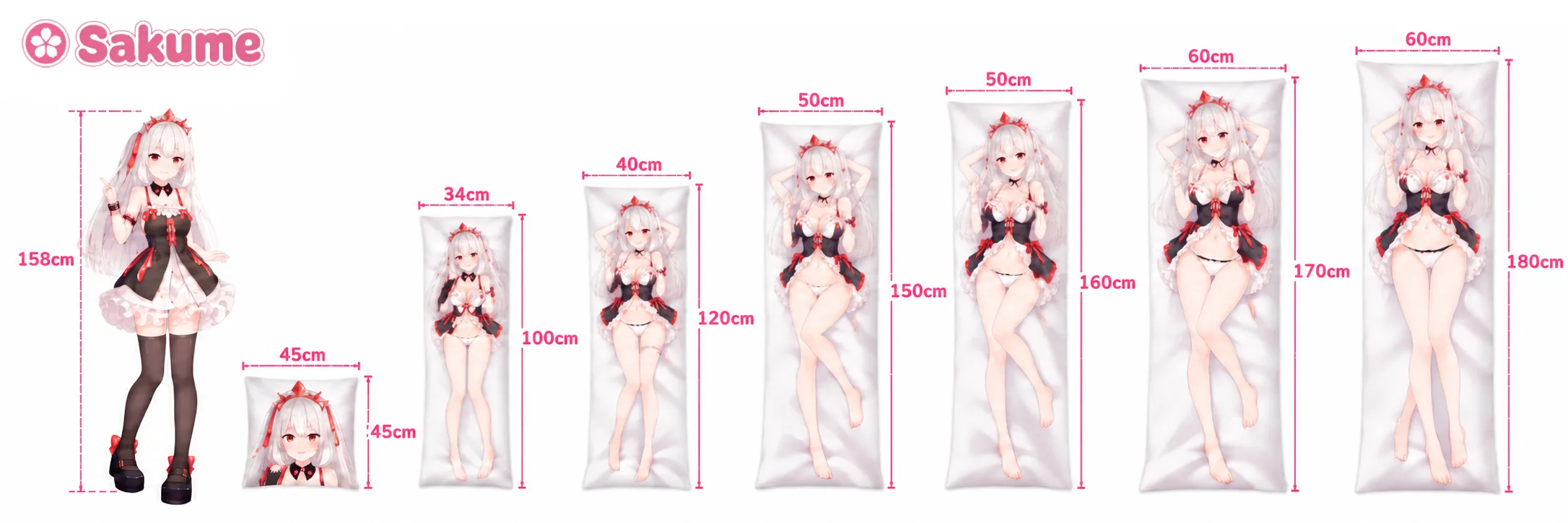 Dakimakura-maten op schaal vergeleken