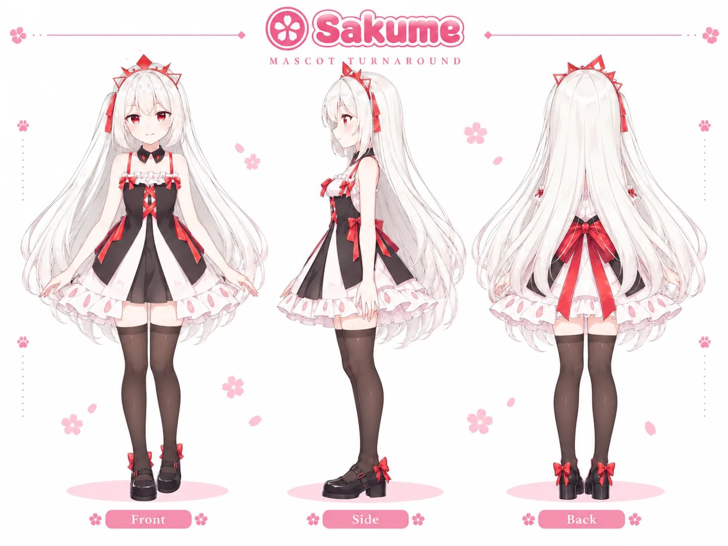 Sakume-mascotte turnaround – meisje met wit haar en rode ogen in een zwart-witte jurk met rode linten, voorkant, zijkant en achterkant
